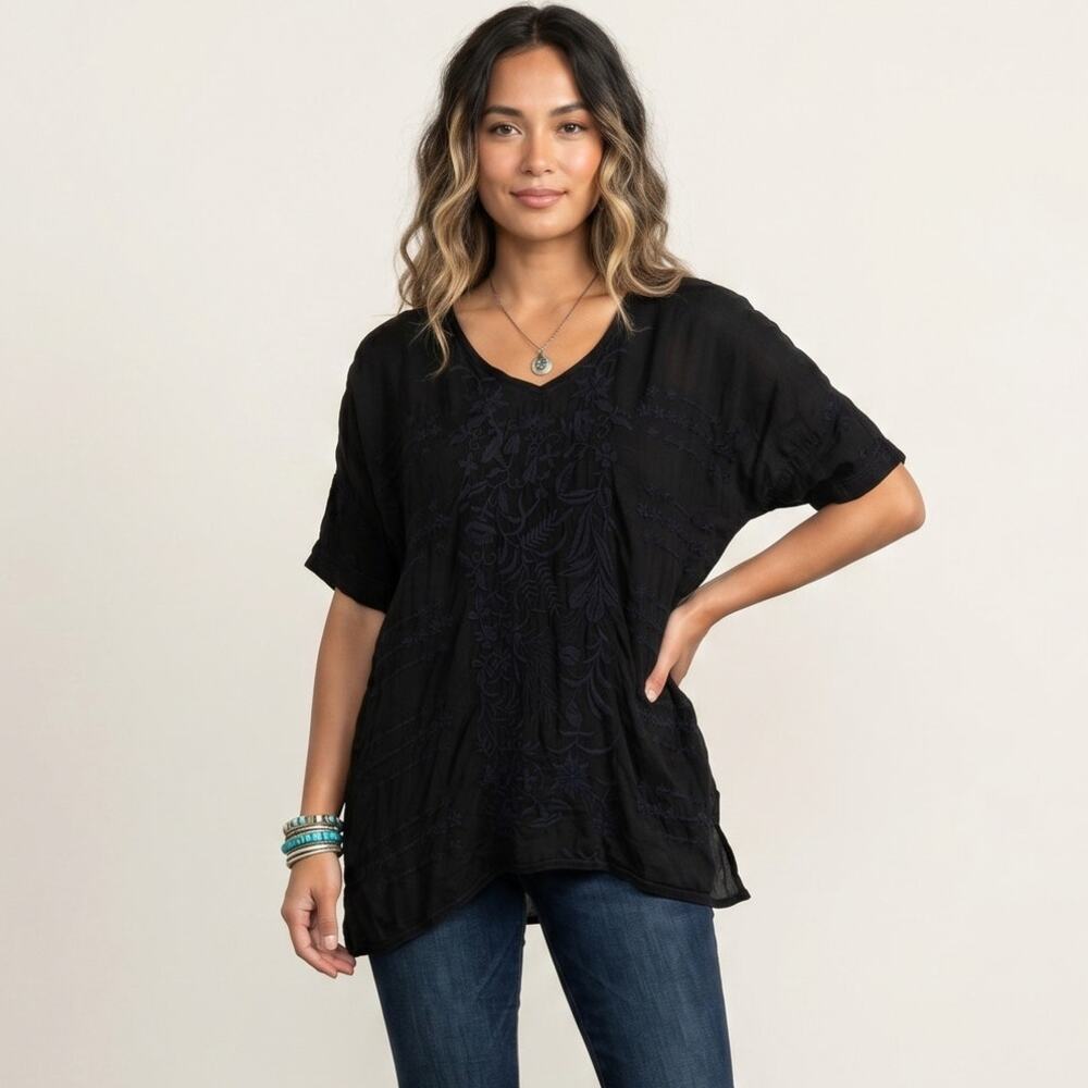 Johnny Was Black Embroideres Cupra V-neck boho blouse top Sz XS